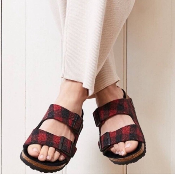 Birkenstock Arizona Plaid Red Fur Shearling Sandal - Picture 2 of 15